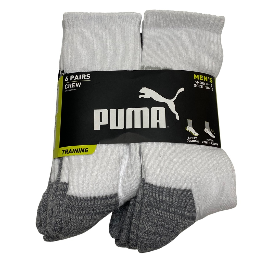 Puma Mens Training Crew Socks 6 Pair Pack White Grey Athletic Shoe Size 8-12 NWT
